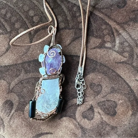 Handmade copper wire wrap pendant necklace gemstone quartz moonstone onyx - Picture 5 of 10